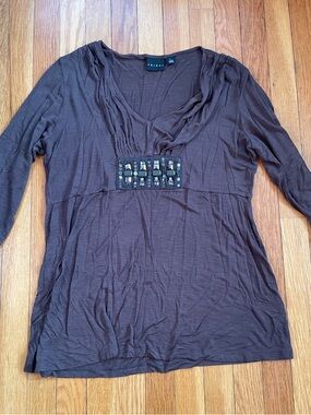 Tribal Brown Embellished V-Neck Tunic Top 3/4 sleeve size L